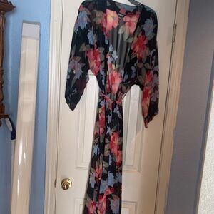 Floral Sheer Black Full Length ‘Robe’/ Coverup with Tie at Waist